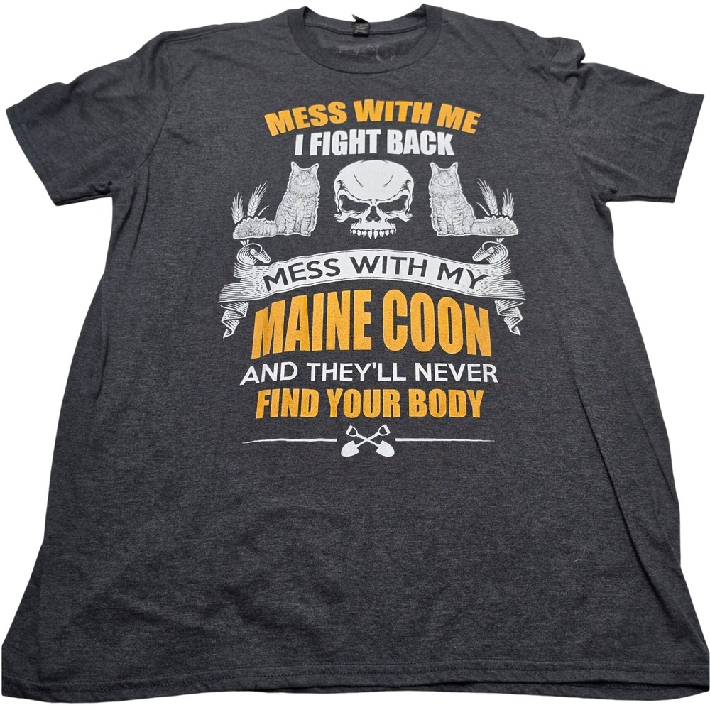 Anvil Adult XL Maine Coon Cat Graphic T-Shirt Charcoal Gray Funny Skull Tee